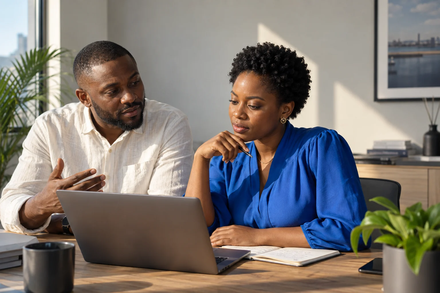Illustration of two Nigerian professionals exploring an idea together at a laptop